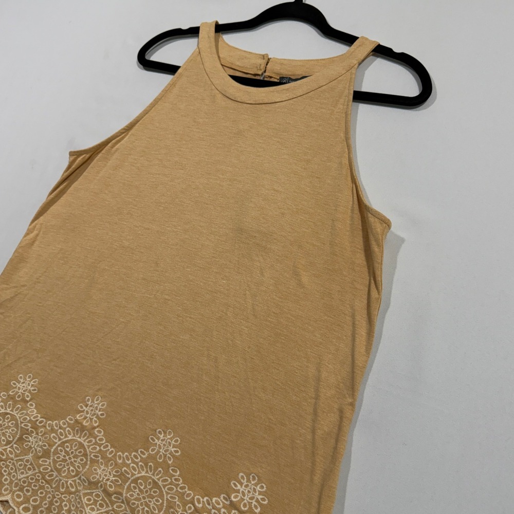 Adrianna Papell Halter Top Women L Yellow Embroidered Hem Boho Eyelet Sleeveless